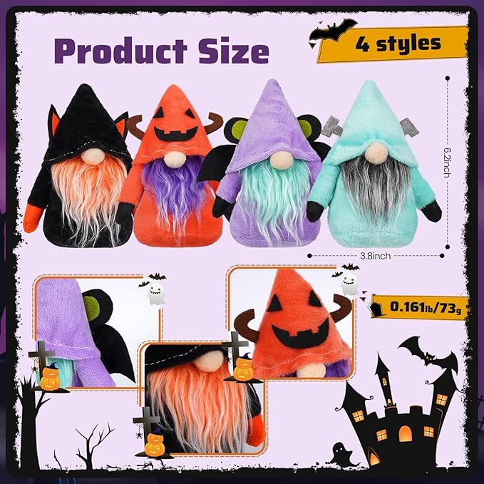 Halloween Gnomes Plush Set of 4, 6.2"x3.8" Soft Scandinavian Tomte Witch Gnome Decorations with Weighted Sand Bottom, Spooky Tiered Tray & Shelf Sitter Plush for Halloween Party Home Decor