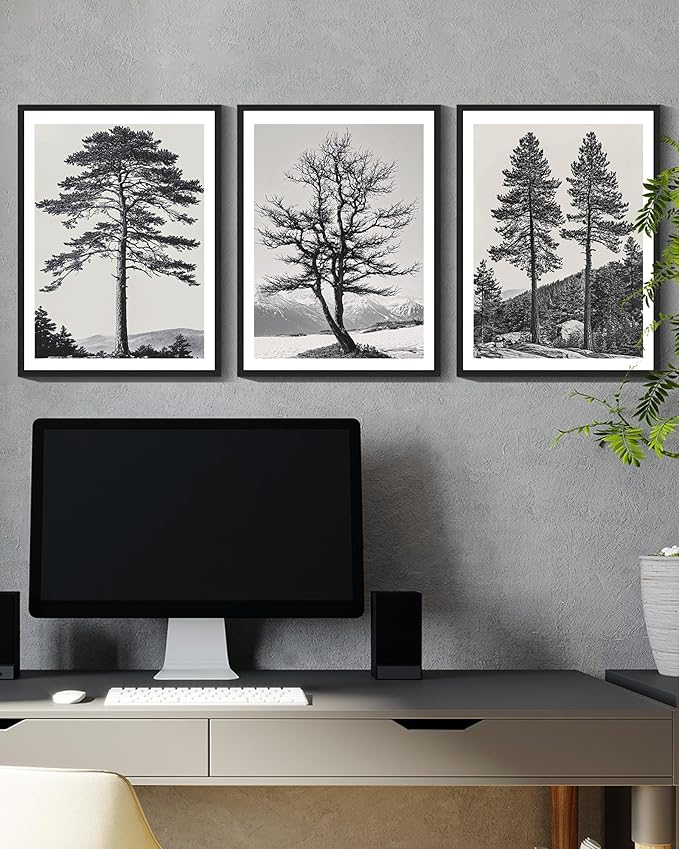 KUVIOKE Vintage Black Gray Forest Wall Art Framed Antique Retro Tree Prints Modern Rustic Artwork Bedroom Living Room Ready to Hang 11x14in (Black Framed)