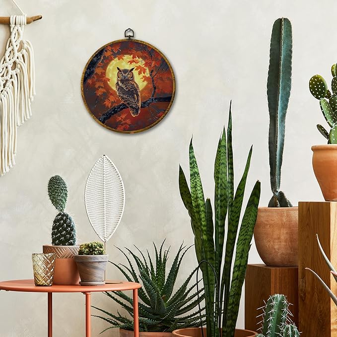 Mcehtle Moody Fall Owl Wall Art Decor, Mystical Owl Moon Autumn Spooky Woodland Scene Framed Canvas Prints 10x10, Rustic Cottagecore Nature Bird Round Wall Hanging Artwork Decorations for Gallery