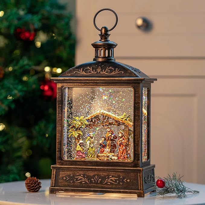 Christmas Snow Globe Glittering Nativity Scene with Music & Timer, USB Lined/Battery Operated Lighted Water Lantern for Christmas Festival Decoration Gifts