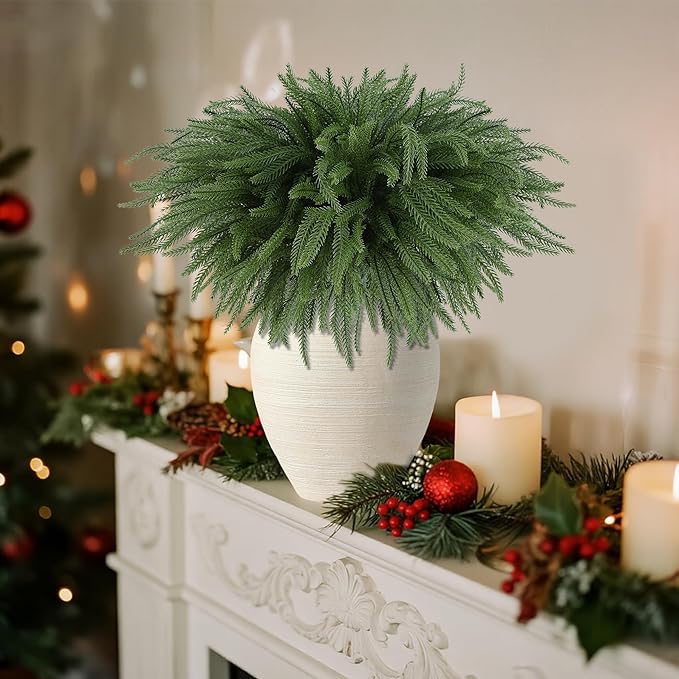 DR.DUDU 16 Pack Norfolk Pine Stems - 18" Real Touch Artificial Christmas Greenery Stems for Vase Fillers, Fake Pine Branches Christmas Decorations for Indoor Home, Table Centerpieces and Xmas Décor