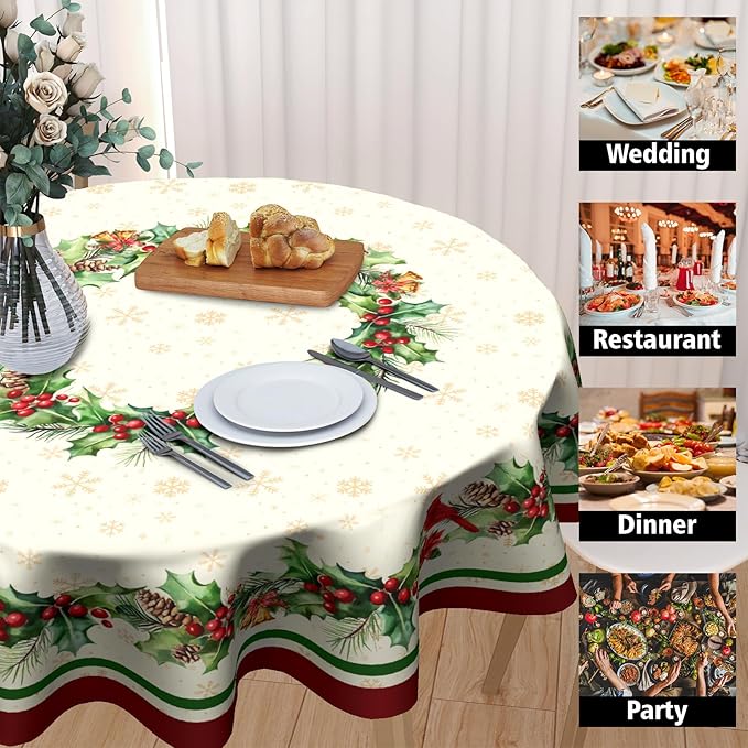 Christmas Holly Tablecloth Round 60 Inch Winter Red Birds Watercolor Leaves Decorative Table Cloth Christmas Holiday Round Table Cover Seasonal for Home Kitchen Dining Party Indoor Outdoor Decor