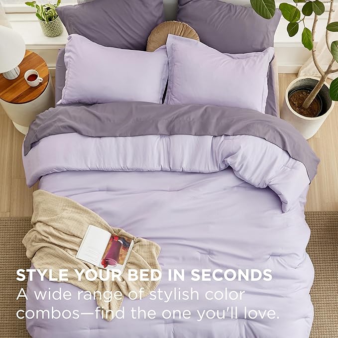 Bedsure King Size Comforter Set - 7 Pieces Lavender King Bedding Set for All Seasons, Boho Contrasting Design Bed in a Bag with Comforter, Sheets, Pillowcases & Shams