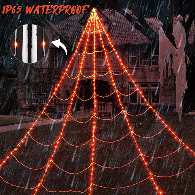 inst Spider Webs Halloween Decorations Outdoor 290LED Halloween Spider Web Lights Decoration with 78.7'' Large Spider & 3.53oz Stretch Cobweb 23Ft Giant Lighted Web with 8 Modes (Orange)