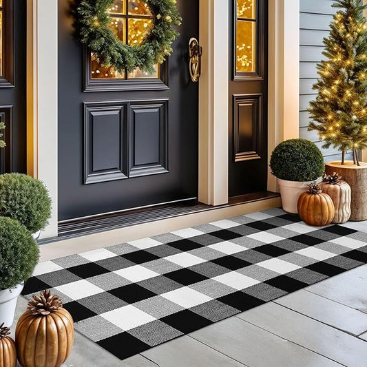 KOZYFLY Buffalo Plaid Area Rugs 2x4.3 Ft Black and White Checkered Rug Washable Front Door Mat Hand Woven Cotton Outdoor Rug Small Rug for Front Porch Kitchen Entryway Patio Bathroom