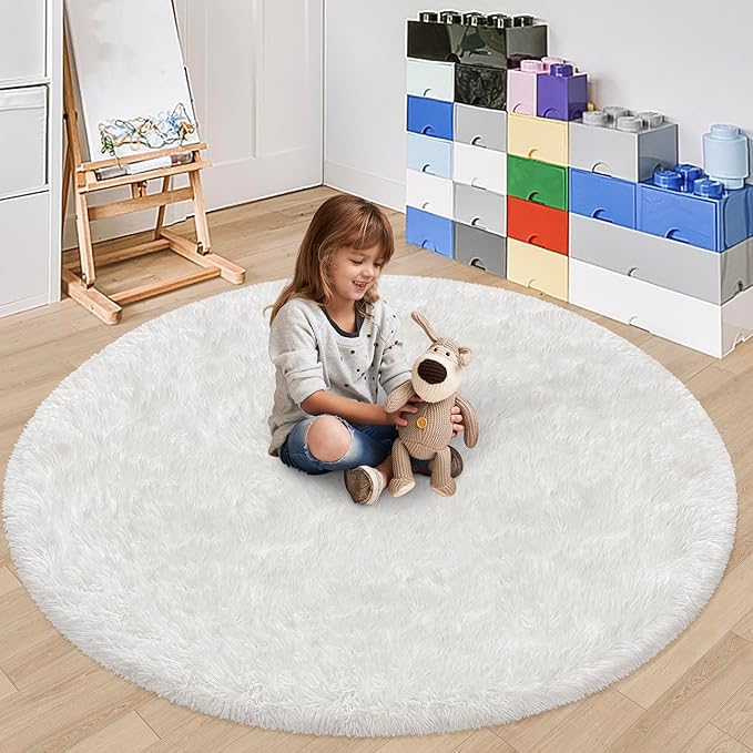 5x5 ft Tie Dye White Round Rug for Bedroom Room Fluffy Circle Rug Furry Carpet Shaggy Circular Fuzzy Washable Non-Slip Large Area Rug Soft Indoor for Living Room Cute Aesthetic Home Decor