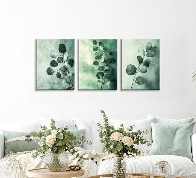 NAN Wind 3PCS Botanical Eucalyptus Canvas Wall Art Minimalist Sage Green Watercolor Leaves Modern Framed Canvas Wall Decor Nature Painting for Living Room Bedroom Office Decor