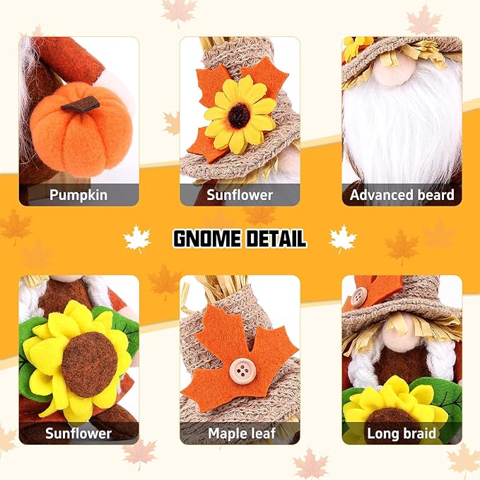 2pcs Fall Gnomes Plush Decorations for Home, Cute Thanksgiving Gnomes Plush Pumpkin Maple Leaves Fall Gnome Set Home Indoor Table Tiered Tray Decor, Thanksgiving Harvest Autumn Holiday Decoration Gift