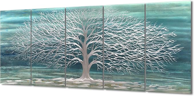 Yihui Arts Large Metal Wall Art Handcrafted Aesthetic Tree Pictures on Aluminum 5 Panels Teal and Silver Abstract Landscpae Artwork for Living Room Bedroom Dinning Decor