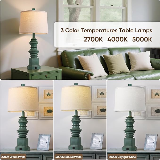 QiMH Table Lamps for Nightstand Set of 2, Bedside Lamp with USB A+C Charging Ports, Farmhouse Table Lamp with Linen Lampshade, Lamps for Living Room, Bedroom Lamps with LED Bulbs, Green