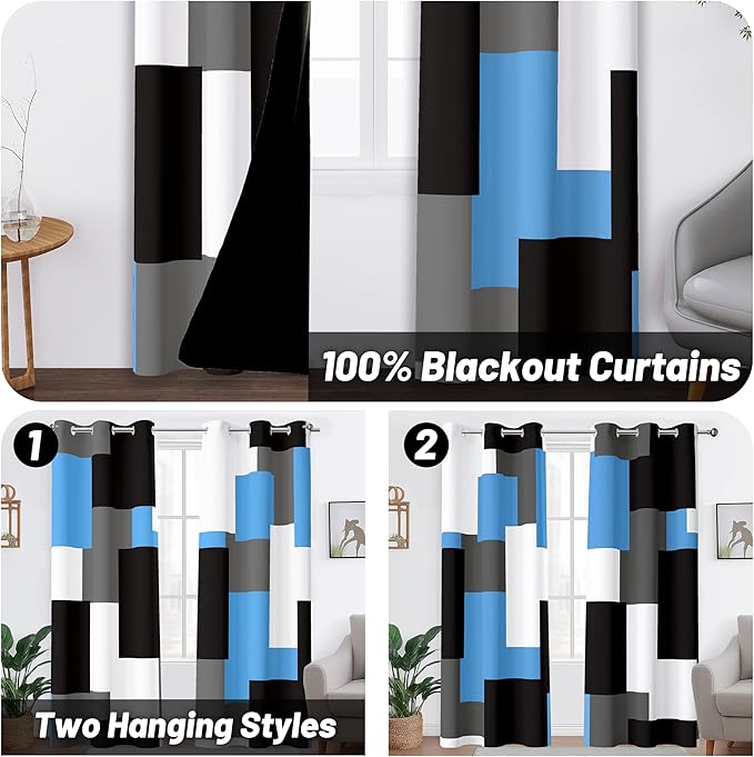 Light Blue 100% Blackout Curtains for Bedroom 84 inch Length 2 Panels Set Grey Modern Abstract Geometric Black Out Curtains Insulated Room Darkening Window Drapes for Living Room, 42Wx84L