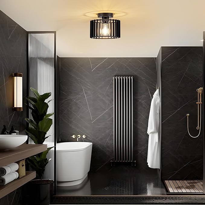 Ceiling Light Fixture Industrial Black Iron Cage Flush Mount, 9 - inch Diameter, Hallway Light Fixtures Modern Ceiling Lights for hallways Eentryway Bathroom Bedroom Kitchen