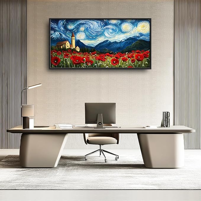 Starry Night Framed Wall Art for Living Room, Large Poppies Canvas Wall Decor, Vintage Red Flowers Pictures Painting, Modern Artwork for Bathroom Bedroom 60L'' × 30W''