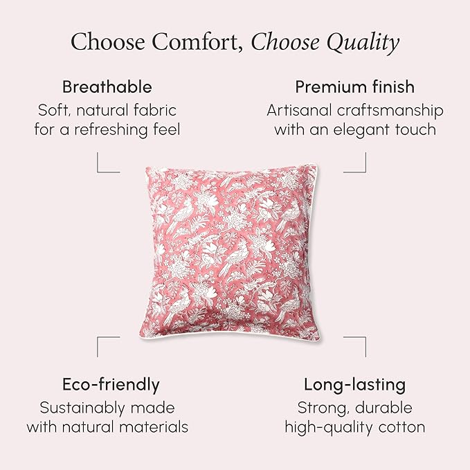 CPC 100% Cotton Throw Pillow Covers 18x18 Inch, Set of 2 Pink Block Print Pattern Couch Pillow, Cute Boho Decorative Pillows for Living Room, Bedroom with Hidden Zipper- Coral Pink
