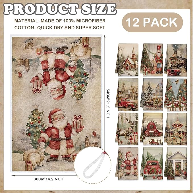 12 Pcs Christmas Kitchen Towels and Dishcloths Absorbent Christmas Tree Reindeer Truck Hand Dish Towels Decoration for Xmas Home Gift Supplies, 14.2 x 21.3 Inch(Vintage Style)