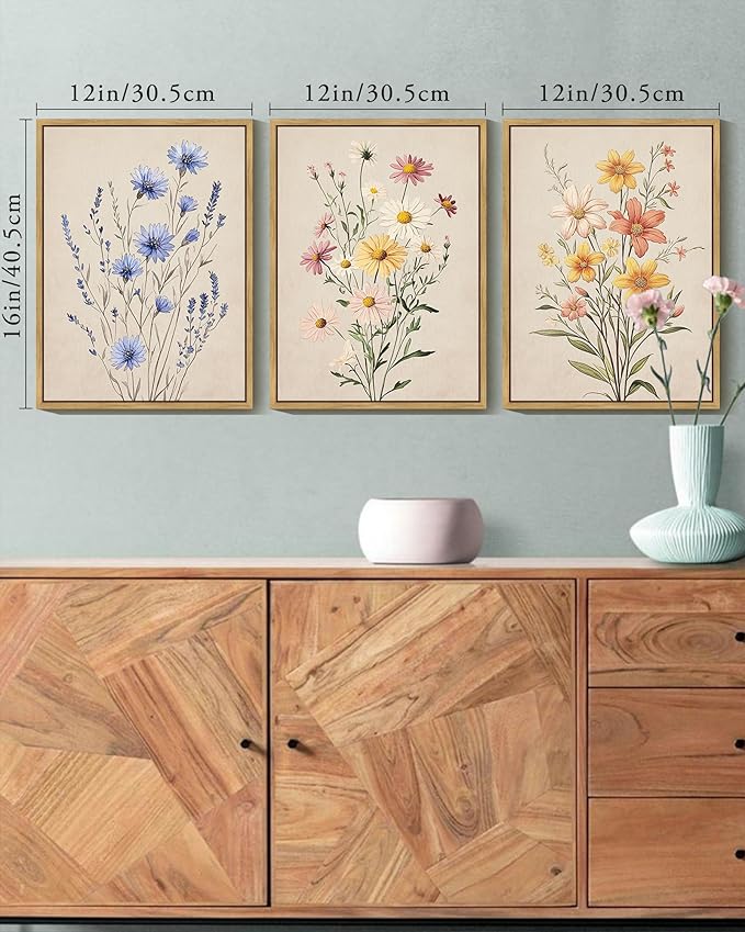 KUVIOKE Vintage Wildflower Bouquet Framed Wall Art Color Botanical Flower Wall Decor Modern Colorful Floral Hanging Decor for Living Laundry Dining 12x16in (Natural Framed)