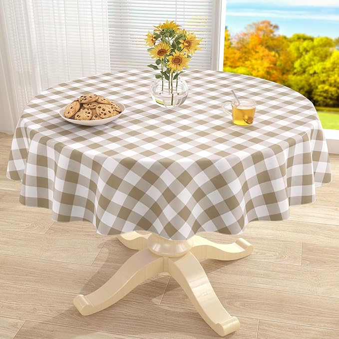 misaya Round Waterproof Vinyl Table Cloth, Buffalo Flannel Backed Tablecloth, Wipeable Plastic Table Cover for Fall, Thanksgiving (60", Khaki and White)
