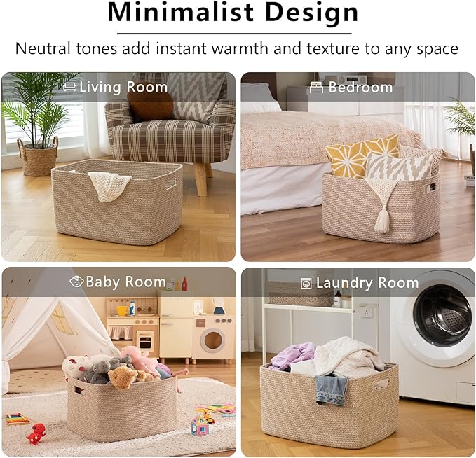 OIAHOMY XXLarge Rectangle Blanket Basket-96L, Cotton Woven Basket for Storage, Dirty Clothes Basket for Living Room, Nursery, Bedroom, Toy Organizing with Handle, 24" x 16" x 15",Brown variegated