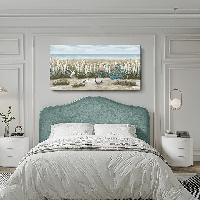 Large Wall Art for Living Room Boho Ocean Beach Canvas Print Coastal Vintage Wildflower Daisy Flowers Landscape Seaside Blue Bicycle Seagull Seascape Artwork for Seashore Farmhouse Bedroom 60x30inch