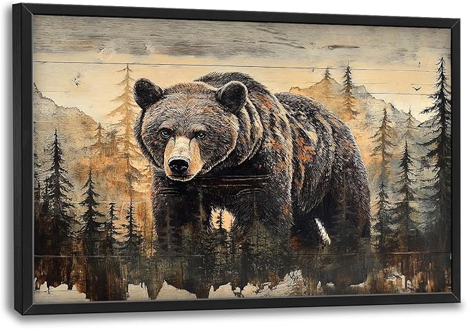 Cabin Wall Art for Living Room, Brown Bear Canvas Wall Decor, Large Wildlife Animal Pictures Framed Painting, Natural Landscape Artwork for Bedroom Office Home Decor 36L'' × 24W''