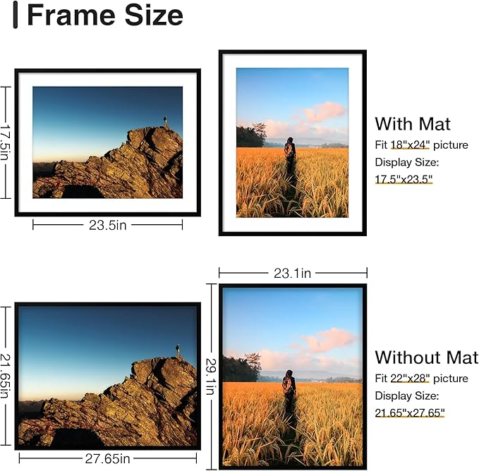 Vittanly 22x28 Poster Frames Set of 2, Display Picture 18x24 with Mat or 22x28 without Mat, Plexiglass, Wall Gallery Frame for Artwork, Vertical or Horizontal Display, Black