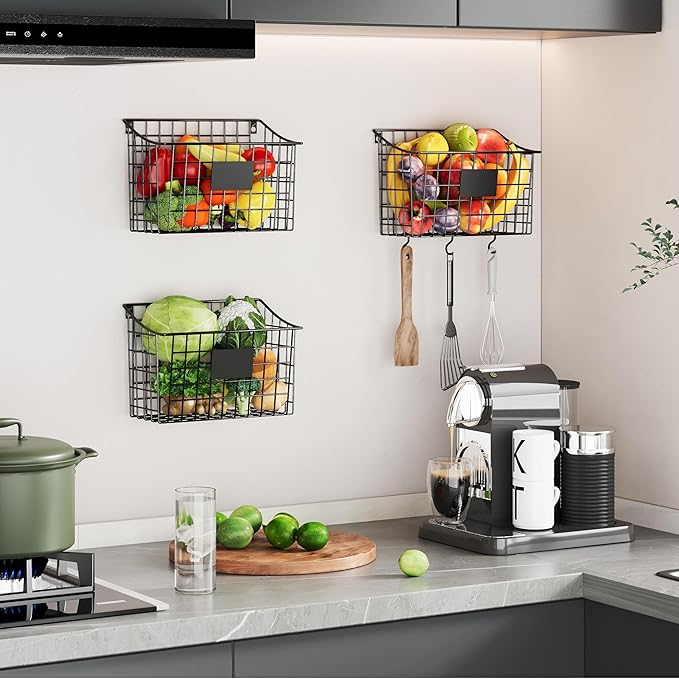 Wall Mounted Bin Basket with 5 Hooks 3 Label Plate Adhesive-3 Pack, Cabinet Hanging Metal Wire Basket,Rustic Farmhouse Decor, Storage Organization Shelf for Pantry Kitchen Bathroom 10.6*7.5*5.1inch