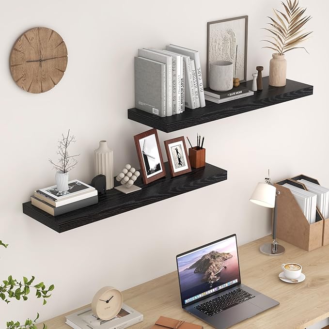Fun Memories 36 Inch Floating Shelves Black, 9.3 Deep Floating Shelf for Wall, Rustic Black Wall Shelves 36x9.3x1.5 - Set of 2, Large Deep Shelf for Kitchen, Living Room Storage