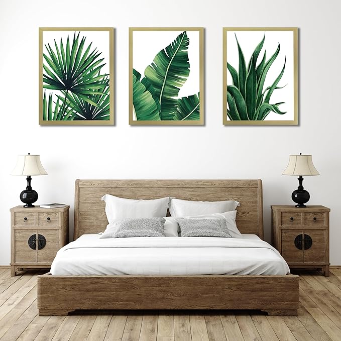 COSCTOR Set of 3 Botanical Wall Art Bathroom Green Plant Tropical leaf Picture Framed Prints for Home Living Room Bedroom Restroom Decoration(Framed,12x16)