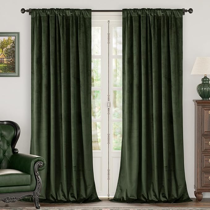 BGment Olive Green Velvet Curtains 96 Inches for Living Room, Thermal Insulated Blackout Curtains Room Darkening Drapes with Back Tab and Rod Pocket for French Door, Set of 2 Panels, 52 x 96 Inch