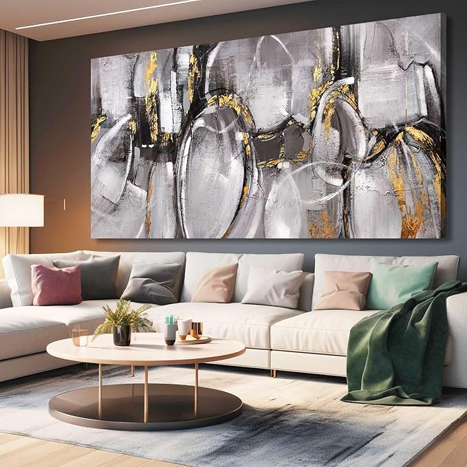 XIANSHOU Black and Grey Painting Pictures Abstract Wall Decor for Office 29"x 58" Modern Artwork Gold Foil Wall Art for Living Room Dining Room Bedroom