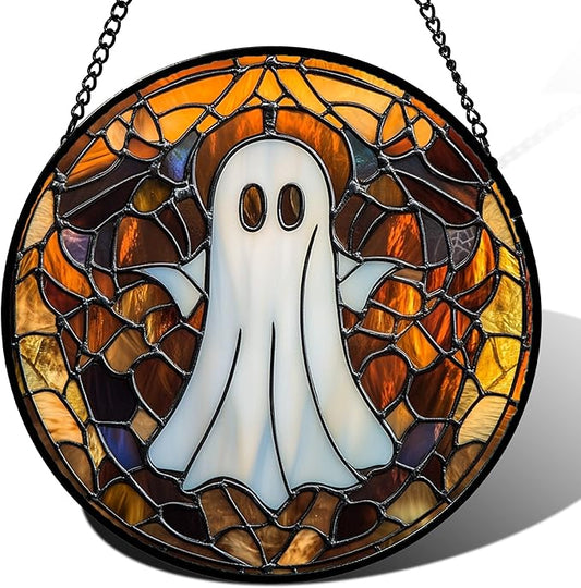 Stained Glass Window Hanging Halloween White Horror Ghost 9.8" - Suncatcher Door Garden Kitchen Sun Catcher Home Gothic Decor Birthday for Mom Men Woman Friend Grandma