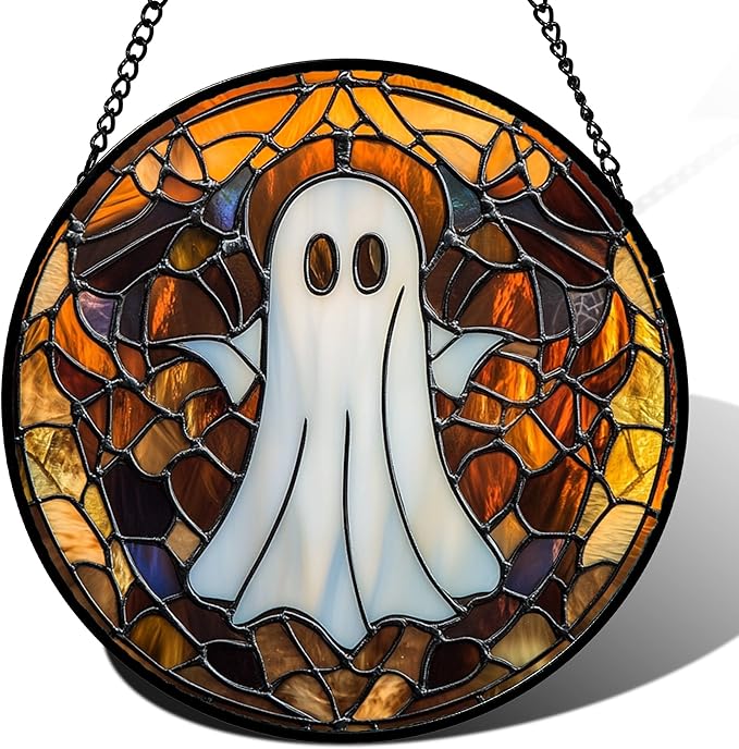 Stained Glass Window Hanging Halloween White Horror Ghost Large 15" - Suncatcher Door Garden Kitchen Sun Catcher Home Gothic Decor Birthday for Mom Men Woman Friend Grandma
