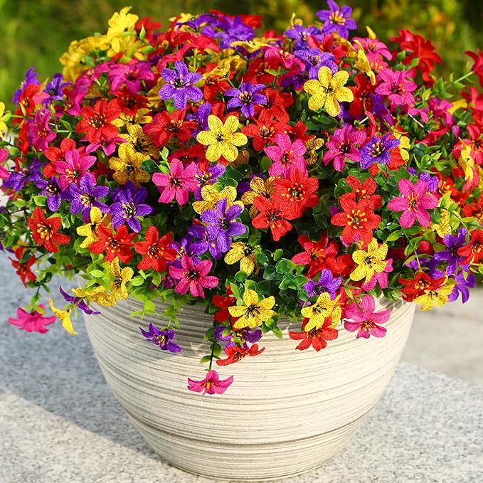SHareconn Artificial Flowers for Outdoors Spring Decoration, Fake Silk Realistic Faux Plants UV Resistant for Outdoor Planter Porch Patio Summer Outside Decor, 20 Bundles,RedRosyPurpleYellow
