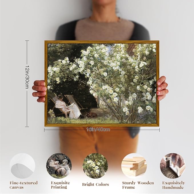 crmotu Vintage Framed Wall Art, Garden Women Canvas Art Prints, Rose Floral Classical Oil Paintings, Green Landscape Rustic Farmhouse Wall Decor Living Room Bedroom Bathroom Aesthetic Pictures 12x16in