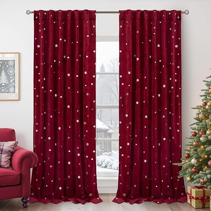 BGment Christmas Red Velvet Curtains 102 Inches Long, Thick Thermal Blackout Snow Silver Printed Decorative Curtains with Back Tab and Rod Pocket for Living Room, Set of 2 Panels, 52 x 102 Inch