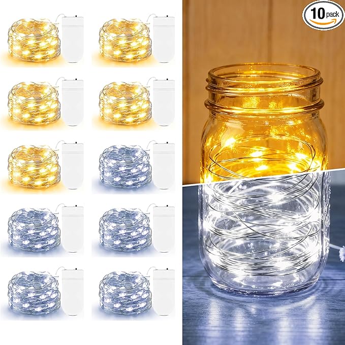 10 Pack Fairy Lights Battery Operated - 7ft 20 LED Twinkle Lights Copper Wire Mini String Lights Firefly Lights for Mason Jars DIY Crafts Christmas Centerpiece Table Decor, Warm White & Cool White