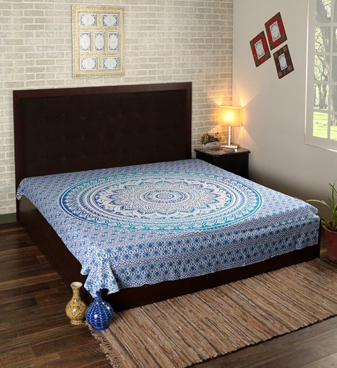 RAJRANG Large Mandala Tapestry for Bedroom and Living Room Wall Hanging Cotton Tapestries (Blue, Ombre, 90x84 Inch, Queen size)