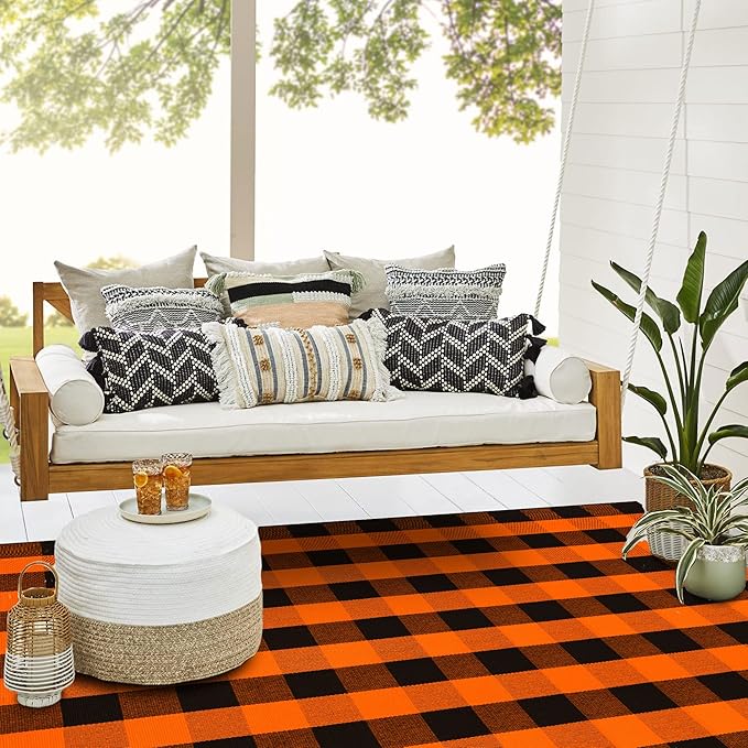 SEEKSEE Cotton Buffalo Plaid Rug 4'x6' Orange and Black Checked Rug Washable Doormats Indoor Outdoor Rugs for Layered Front Door Mats, Porch, Kitchen, Farmhouse, Entryway