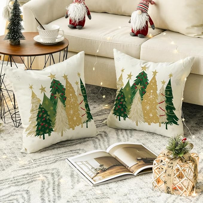 AVOIN colorlife Christmas Trees Star White Throw Pillow Covers Set of 2, 18 x 18 Inch Snowflake Seasonal Winter Holiday Cushion Case Decoration for Sofa Couch