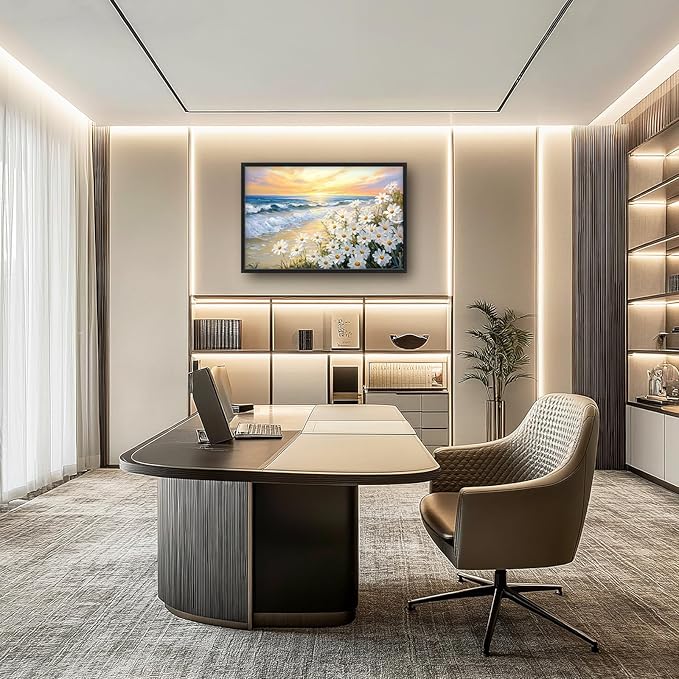 Large Beach Daisy Wall Art, Framed Coastal Beach Wall Decor for Living Room, Oversized Sunrise Canvas Painting Seascape Pictures Home Decoration for Living Room Bedroom Office 36"x24"