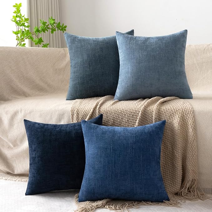 Set of 4 Soft Textured Decorative Throw Pillow Covers 22x22 Inch Cozy Farmhouse Cushion Cover Square Accent Pillow Cases for Bed Couch Sofa Living Room, Blue Series