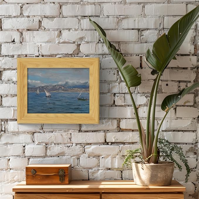 Brivoria Framed Canvas Wall Art Vintage Decor, Coastal Impressionist Seascape with Sailing Boats Ocean Reflections and Cloudy Sky for Kitchen Bathroom Shelf Display or Tabletop Decor, 8"x10"