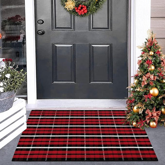 Christmas Red Buffalo Plaid Door Mats Outdoor 2'X3', Cotton Front Door Rug Machine Washable Indoor/Outdoor Area Rug Farmhouse Throw Rug for Layered Door Mats/Porch/Entryway/Kitchen/Bathroom