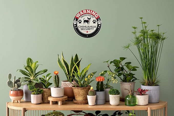 Chihuahua Security Warning Tin Sign Metal Round Sign for Wall Art Room Restaurant Bar Cafe Garage Decor Plaque Unique Gift for Dog Lovers 8x8 In