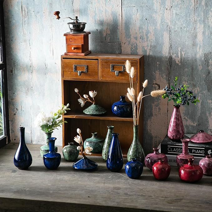 Blue Ceramic Bud Vases, Set of 6 Small Glazed Pottery Vases for Floral Arrangements, Decorative Rustic Vases for Modern Farmhouse Home Decor, Living Room, Dining Table Centerpieces