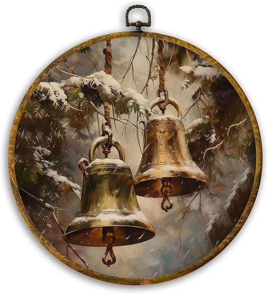 CUANFDDSF Vintage Winter Bells Round Wall Art Decor, Rustic Christmas Xmas Golden Bells Holiday Wall Hanging Frame Decor, Elegant Christmas Canvas Prints Decorations for Home Bedroom, 10x10 Inch