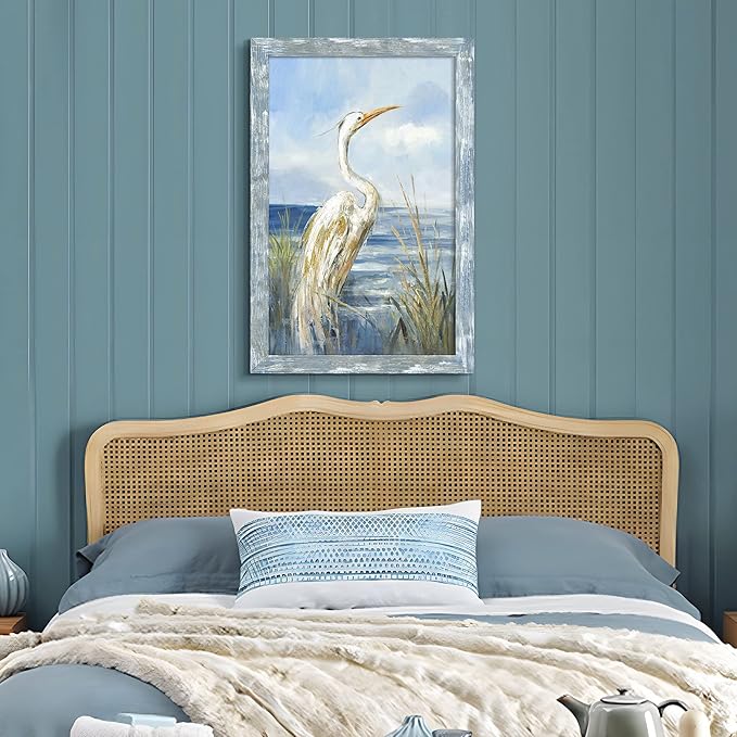 Sea Bird Wall Art Painting: Framed Wooden Blue Coastal Ocean Scene Artwork Heron on Beach Picture Modern Bedroom Bathroom Living Room Decoration Home Office Decor 36”x24”