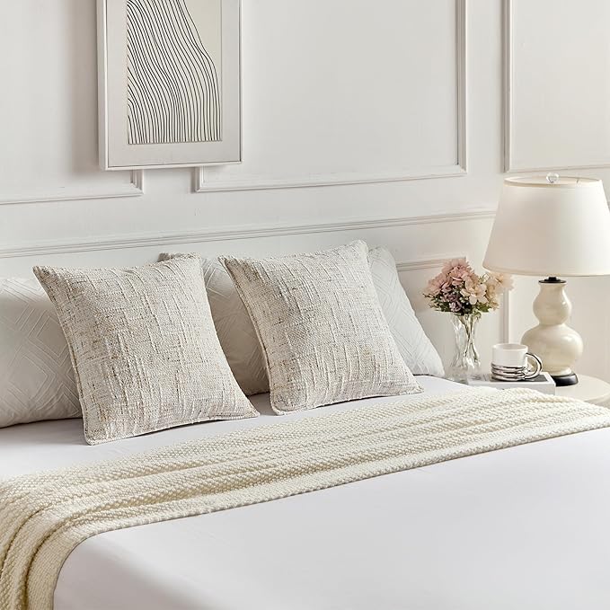FUTEI Cream Decorative Throw Pillow Covers 18x18 Inch Set of 2,Soft Chenille Tweed Textured Cushion Case,Modern Home Decor for Couch Bed Living Room