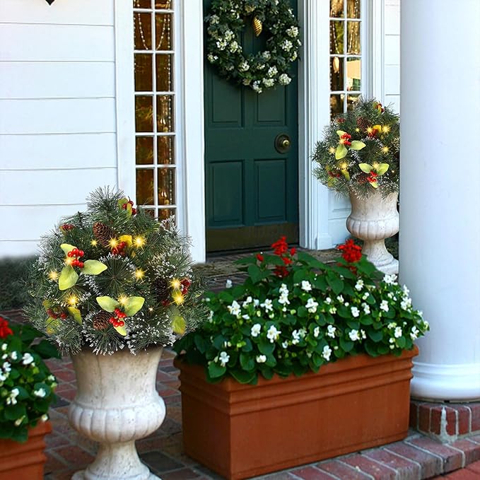 Glintoper Pre-lit Christmas Urn Filler, Lighted Artificial Mini Xmas Pine Trees with Tripod Stake, Light Up 8 Modes & Timer, Battery Powered Outdoor Planter Filler Festival Holiday Home Decor, 1 Pack