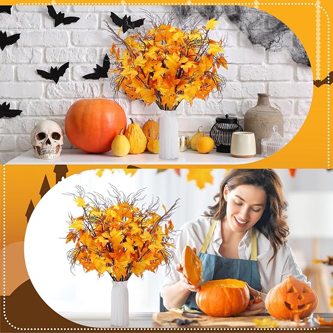 12 Pcs 19.7 Inch Artificial Fall Flowers Orange Fall Fake Maple Leaf Floral Stems Autumn Floral Picks Thanksgiving Harvest Centerpieces Decorations for Home Indoor Vase Arrangement Decor